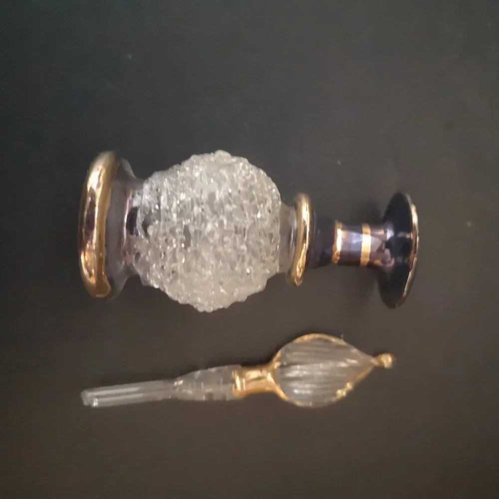 Hand Painted Perfume Bottle & Stopper Clear Textured Glass w/ Gold Tones 4" - Picture 2 of 2